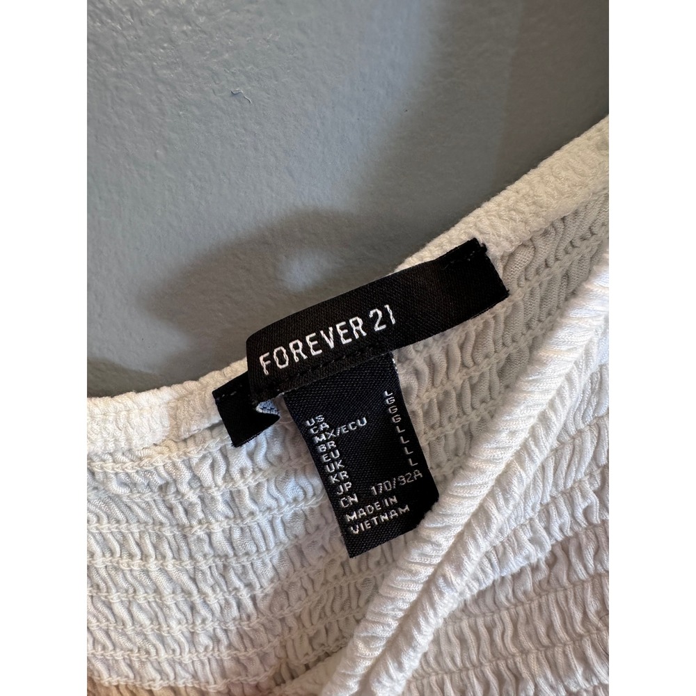 Forever 21 White Smocked Puff Sleeve Crop Top Babydoll Blouse Large - Picture 2 of 6